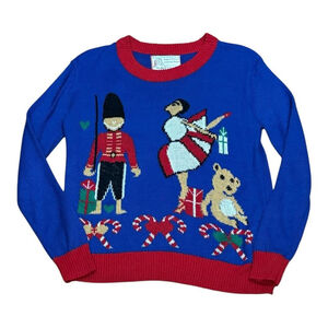 Happy Holidays Sweater Womens Medium Blue Red Nutcracker Ballet Teddy Bear Gifts